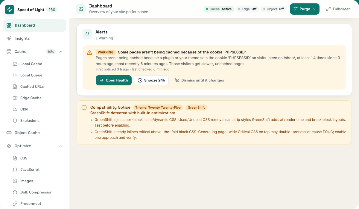 The Speed of Light dashboard in WordPress
